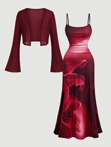 SHEIN MOD Floral Print Cami Dress & Flare Sleeve Open Front Crop Top Set - Burgundy - View 1