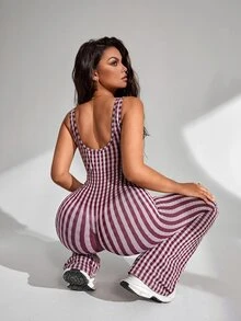 Slayform Slayform Seamless High Elasticity Sports Fitness Jumpsuit Fashion Mesh Flare Leggings - Burgundy - View 1