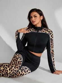 Slayform Slayform Women's 2 Pieces Sports Set: Cropped Stand Collar Full Zip Jacket + Leopard Print Patchwork Flared Pants, Leopard Print, Contrast White Trim, Cropped Top, Athletic Casual Two Pieces Set, New Autumn/Winter Style, Suitable For Running, Fitness, Commuting And More - Multicolor - View 1