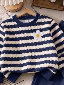 1 Set, Girls Striped Floral Long Sleeve Fleece Sweatshirt + Brown Wide Leg Pants, Autumn/Winter Indoor/Outdoor Play Outfit - Multicolor - View 4