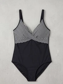 Swim Lushoire Baju Renang Wanita Ukuran Besar Model One Piece Motif Garis-garis Hitam Putih dengan Desain Patchwork Kontras Warna, Leher Bulat Lebar, Cocok untuk Pantai dan Liburan Musim Panas - Hitam dan Putih - View 5