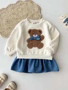 Cozy Pixies Gaun Anak Perempuan Motif Beruang dengan Pita dan Hiasan Tempel, Model 2 in 1 untuk Musim Gugur dan Musim Dingin - Biru - View 7