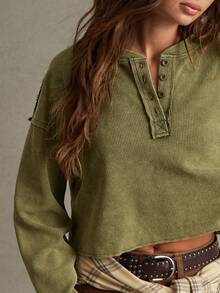 WESTFADE Washed Waffle Knit Green Long Sleeve Cropped Henley Top, Fall, Autumn, Winter, Cowgirl, Western, Country Concert, Boho, Cute, Thanksgiving - Olive Green - View 2