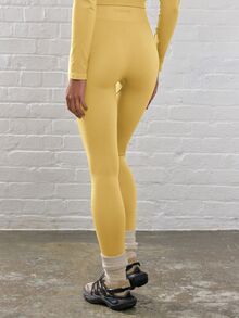 Musera Sport 女款羅紋高腰修身運動緊身褲，適合健身、健行、健身房、瑜伽、皮拉提斯及日常休閒穿著 - 芥末黃 - 查看 3