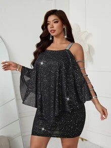 Femmeverse Plus Size Women's Knit Patchwork Chiffon Fitted Short Dress - Black - View 7