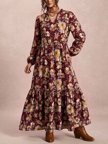 Freevana 大尺碼女款米色秋季波西米亞風長洋裝，花卉印花 V 領長袖飄逸舒適貼身，適合茶會、度假穿著的慵懶休閒風洋裝 - 彩色 - 查看 3