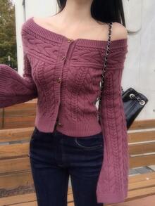 DAZY Women's Square Neck Short Cable Knit Cardigan Sweater With Bow Button - Purple - View 6
