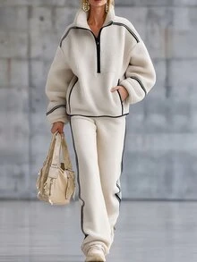 LUMIGAL Fall Winter Contrast Binding Drop Shoulder Teddy Sweatshirt & Pants Set - Beige - View 1