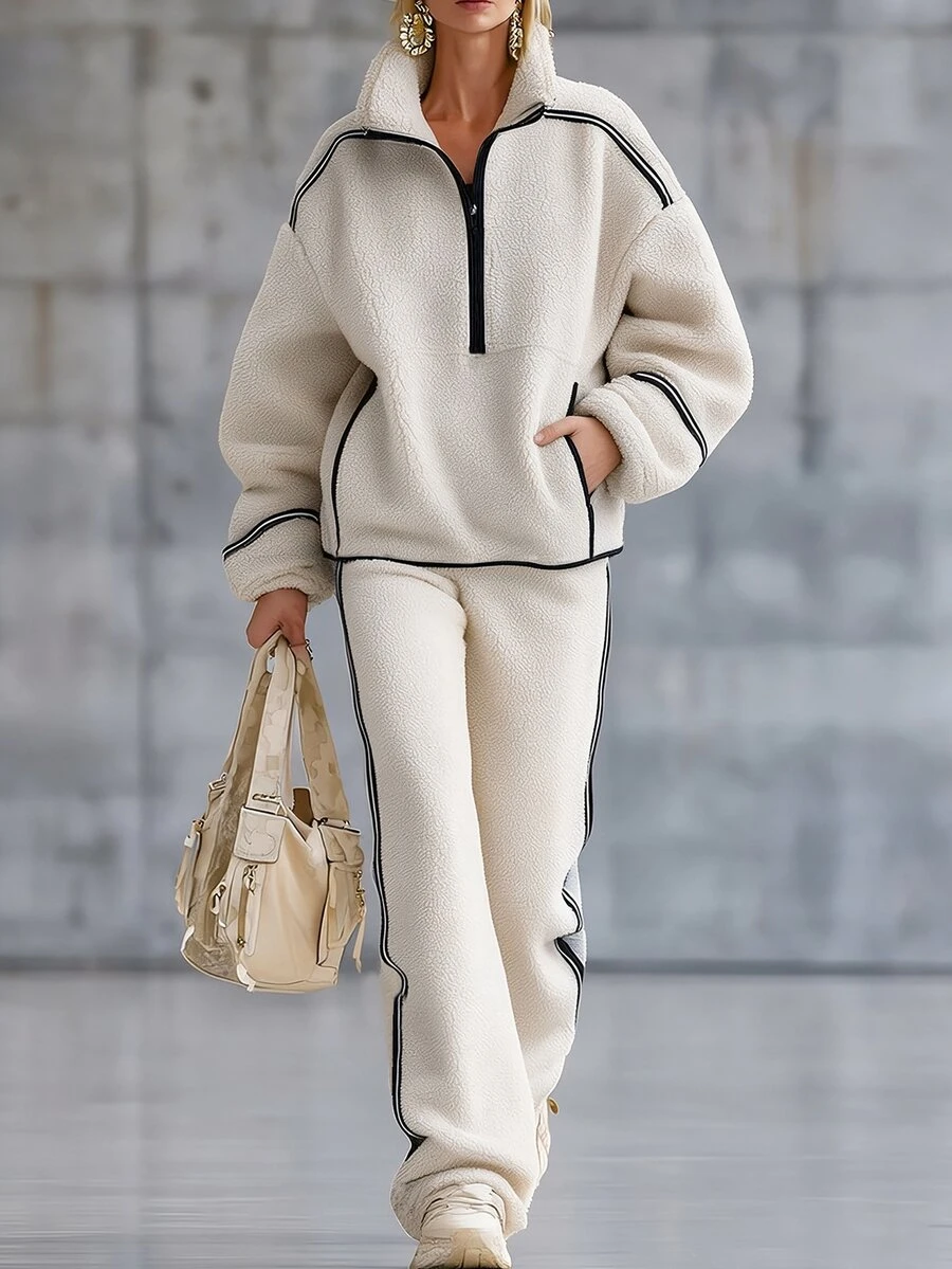 LUMIGAL Fall Winter Contrast Binding Drop Shoulder Teddy Sweatshirt & Pants Set - Beige - View 1