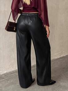 Auralis Black PU Straight-Leg Trousers For Autumn/Winter – Modern Tailored-Style Pants Featuring A Front Center Crease. - Black - View 2
