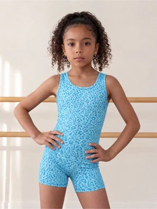 SHEIN Young Girl Leopard Print Crisscross Backless Activewear Sports Romper - Blue - View 5