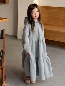 Dazy Kids Tween Girl Hooded A-Line Casual Long Sleeve Dress, Autumn/Winter - Grey - View 1