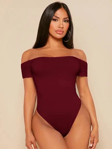 SHEIN SXY 女款露肩純色黑色連身衣套裝 - 酒紅色 - 查看 3