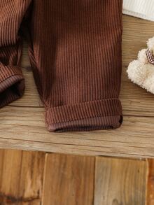 SHEIN Toddler Baby Girl Jumpsuit Cute Brown Ribbed Knit Sleeveless Round Neck Button Front Regular Fit Embroidered Bow Cozy Holiday Daily Baby Girl Girls Fall - Coffee Brown - View 4