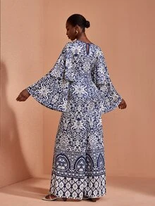 JIAN LASALA Knit V Neckline Ruched Bustier Double Layers Ruffle Long Sleeve Long Dress Elegant Vacation - Blue - View 2