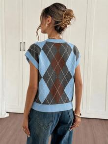 Siren Gaze Women's Diamond Lattice Round Neck Batwing Short Sleeve Casual Knit Top - Multicolor - View 2