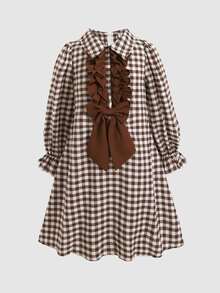SHEIN Tween Girl 紅色燈芯絨荷葉邊抓褶腰 A 字蝴蝶結洋裝 - 棕色 - 查看 5