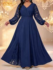 Fleurora Plus Size Women's Contrast Lace Lantern Sleeve V-Neck Elegant Dress - Navy Blue - View 1