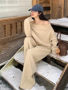 Dazy Tall Setelan Wanita 2 Potong: Sweatshirt Polos Kasual Tanpa Bahu dan Celana Jogging Longgar untuk Musim Gugur - Grey - View 5