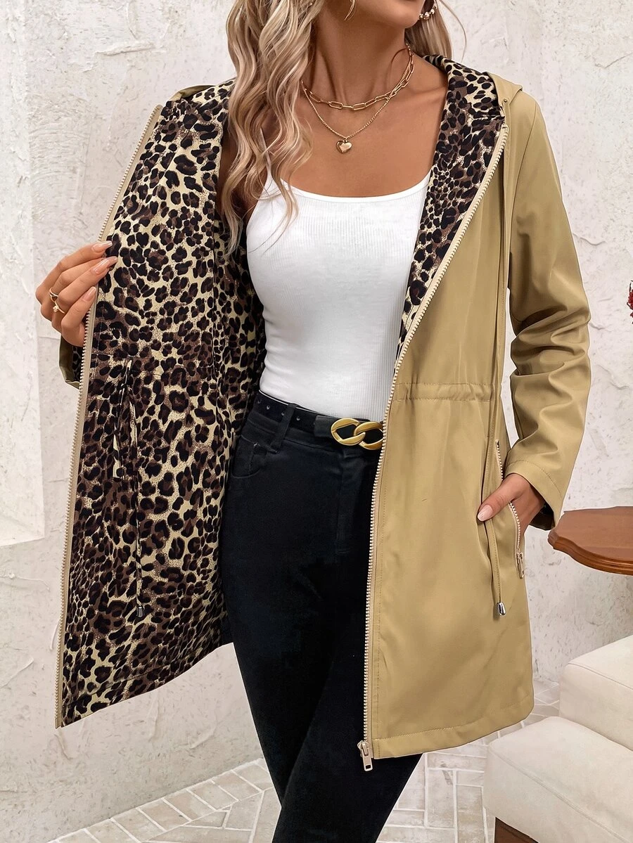 SHEIN Clasi 女款防水豹紋可翻面連帽外套 - 黃色 - 查看 1