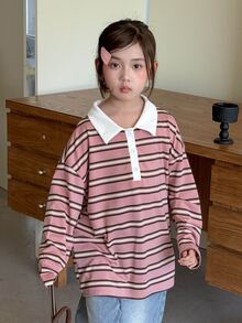 Dazy Kids Tween Girl Polo Collar Striped Drop Shoulder Long Sleeve Casual Loose Fit T-Shirt - Pink - View 8