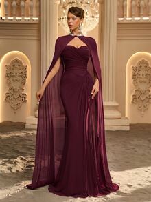 Aureia Elegant Luxury Burgundy Pleated Ruffle Fitted Mermaid Hem Evening Gown, Suitable For Evening Parties, Balls, Weddings, Events, Music Festivals (Heavy Workmanship Design) - Burgundy - View 7