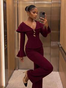 SHEIN SXY Women's Metal Button Placket Bell Sleeve Jacket And Flared Pants Elegant Suit Set - Brown - View 1