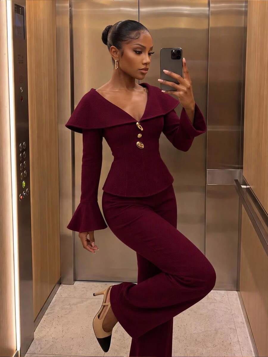 SHEIN SXY Women's Metal Button Placket Bell Sleeve Jacket And Flared Pants Elegant Suit Set - Brown - View 1
