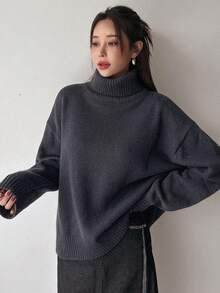 DAZY Women's Autumn/Winter Versatile Casual Solid Color Turtleneck Sweater - Grey - View 4
