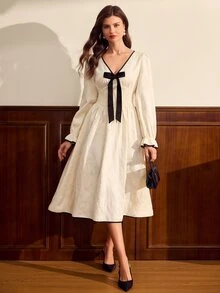 Vintamour Women's V-Neck Bow Decor Pleated Casual Party Mid-Length Dress - Apricot - View 4