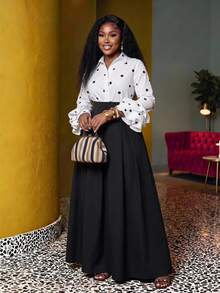 SHEIN CURVE+ Plus Size Women's Polka Dot Elegant Blouse, Single-Breasted Ruffle Cuff Casual Top, Suitable For Autumn/Winter, Fashionable For Commuting, Office Or Party Outings - White - View 6