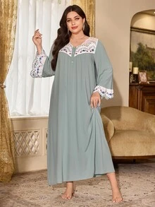PalaceNights Vintage Elegant Loose Plus Size Long Sleeve Dress Nightgown - Green - View 5
