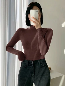 DAZY 女款純色長袖高領彈性抓絨T恤，秋冬學院風上衣 - 摩卡棕 - 查看 3