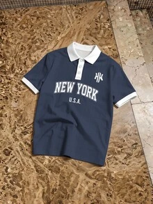 HypeHours 男士字母印花短袖休閒通勤 Polo 衫 - 彩色 - 查看 3