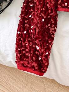 SHEIN Tween Girl Solid Color Long Sleeve Sequin Open Front Jacket, Autumn/Winter - Red - View 5