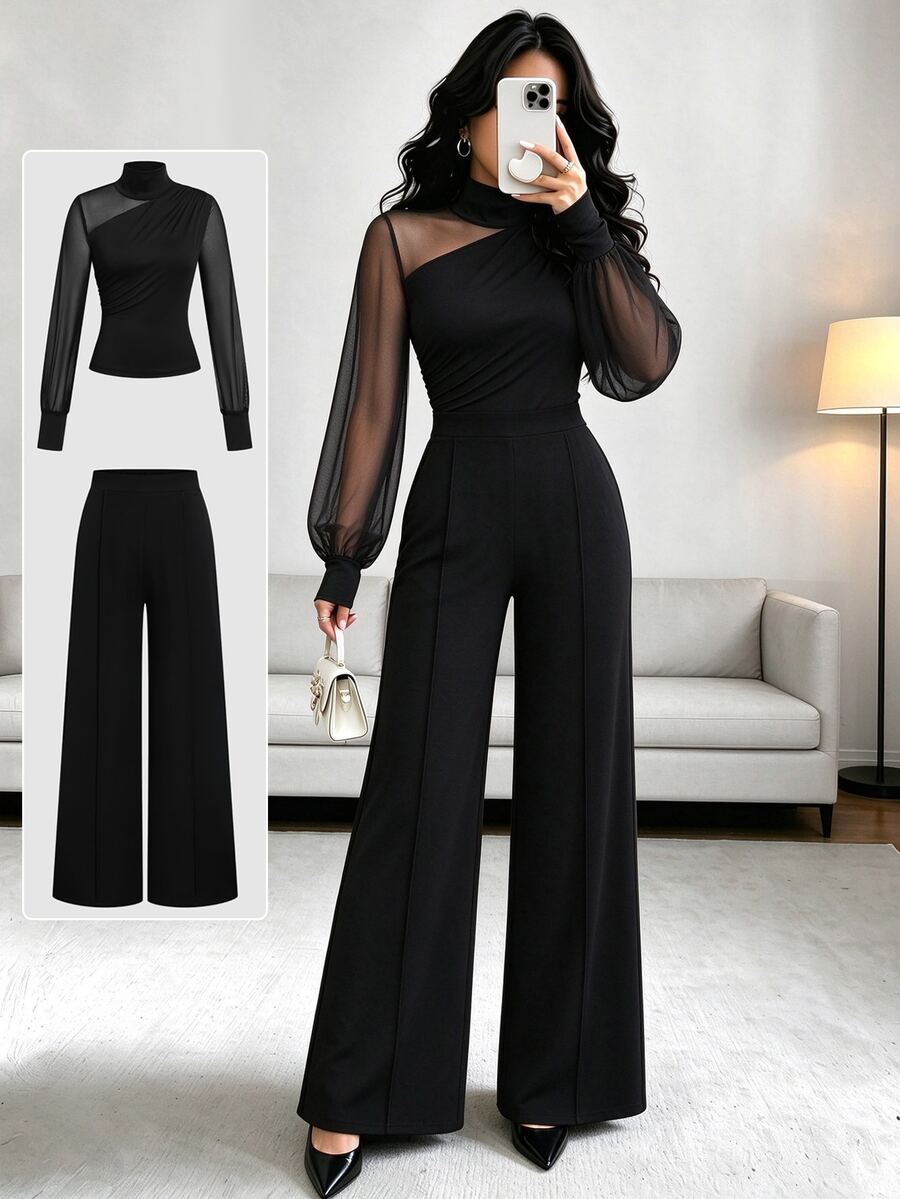 Elenzga High Neck Asymmetrical Shoulder Mesh Patchwork Long Sleeve Top + High Waist Drape Wide Leg Pants 2pcs Set, Elegant Slimming Black - Black - View 1