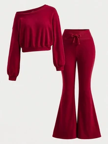 SHEIN 少女連帽衫與運動衫套裝 - 紅色 - 查看 3