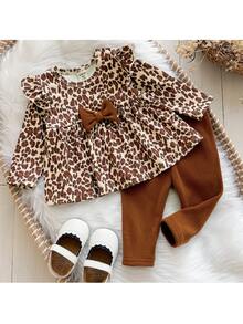 Loomiva 2pcs Newborn Baby Casual Comfortable Leopard Print Pattern Round Neck Pullover Long Sleeve Top And Solid Color Pants Set - Coffee Brown - View 5