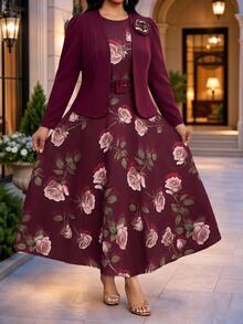Fleurora Plus Size Women's 3D Floral Decor Open Front Jacket And Dress Elegant Set - Burgundy - View 5