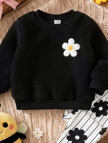 SHEIN Playful Pals 女嬰 2件組黑白花卉泰迪 CoolFleece 套裝，圓領長袖衛衣與印花條紋雛菊圖案內搭褲 - 杏色 - 查看 3