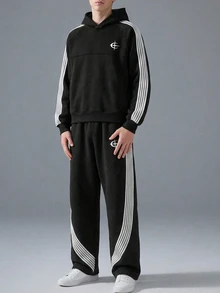 SHEIN 2件組青少年男孩新款Logo刺繡織帶連帽衛衣與喇叭褲套裝，適合秋冬、返校季、家庭聚會、生日派對、攝影、度假、節日，運動風舒適穿著 - 黑色 - 查看 5