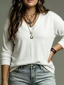 SHEIN LUNE Women's V-Neck Layered Neon Color Long Sleeve Plus Size T-Shirt, Autumn/Winter Fall Cloth For Women - White - View 6