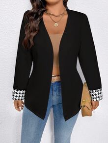 SHEIN LUNE CURVE Plus Size Women Casual Long Sleeve Blazer Jacket With Leopard Print Patchwork - Black - View 4