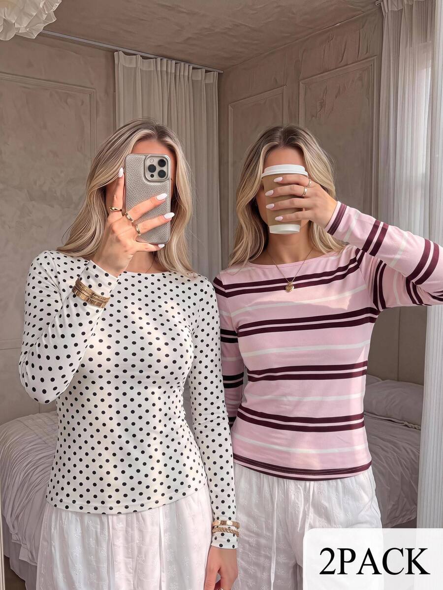 CovetEZ 2件組女款圓領長袖休閒T恤,波點與條紋設計 - 彩色 - 查看 1