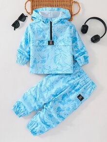 SHEIN Young Boy Allover Print Kids Letter Patched Half Zip Hooded Jacket & Tapered Pants Set - Multicolor - View 3