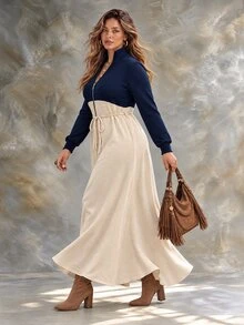 Ceyna Plus Two Tone Cinched Waist Cinched Waist Half Zip Placket Dress Fall - Multicolor - View 5
