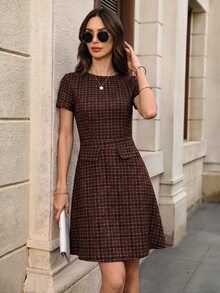 EMERY ROSE 女款夏季優雅學院風通勤格紋短洋裝 辦公室棕色格紋 - 咖啡棕 - 查看 6