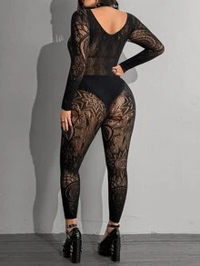 Whyspr Plus Size Women's Lace Long Sleeve Sheer Sexy Jumpsuit - Black - View 5