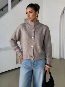 Lavishia كنزة كارديجان قصيرة أنيقة للنساء بياقة عالية وأزرار للخريف/الشتاء - لون مشمشي - مشاهدة 3