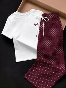 SHEIN EZwear 蝴蝶結圖案印花短袖上衣與抽繩腰長褲套裝 - 酒紅色 - 查看 4